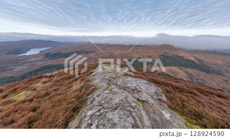Stunning Mountaintop View Dramatic Landscape Serene Cloudscape Breathtaking Scenery Highland Vista 128924590