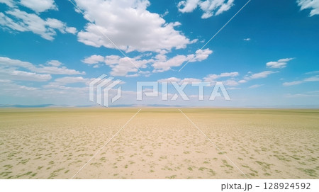 Vast Expanse of Desert Landscape under Blue Sky with Fluffy Clouds Scenic View Nature Photography 128924592