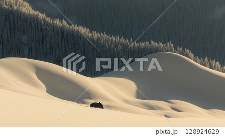 Winter Solitude Bear in Snowy Mountain Landscape Scenic View Art Cold Wild Cold Hill White Trees 128924629