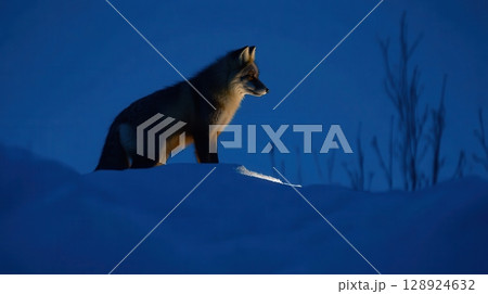 Majestic Red Fox Winter Night Snow Scene Wildlife Photography cold blue dark hunt woods image sharp 128924632