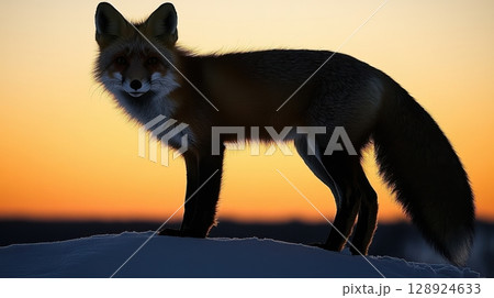 Majestic Red Fox Silhouette at Sunset Winter Wildlife Scene sky art snow tail cold furry image photo 128924633
