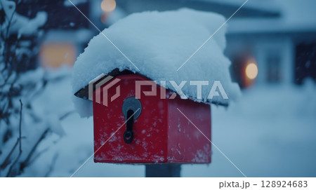 Snowy Winter Scene Red Mailbox Cold Season Postcard Winter Wonderland Festive Holiday Season 128924683