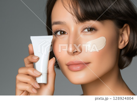 Young asian female applying skincare cream with tube against gray background 128924804