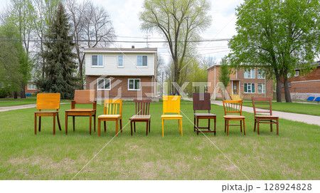 Row of diverse wooden chairs on grass in suburban garage sale 128924828