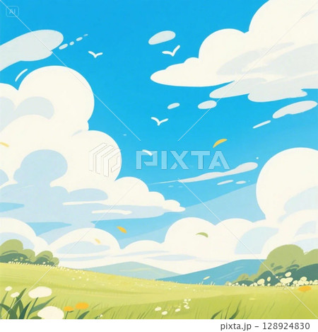 草原と雲と空のある風景のイラスト 128924830