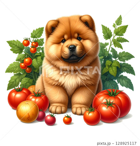 夏野菜とチャウチャウの子犬のイラスト2／チラシやポスター用素材 128925117