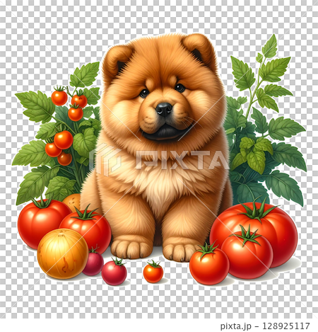 夏野菜とチャウチャウの子犬のイラスト2／チラシやポスター用素材 128925117