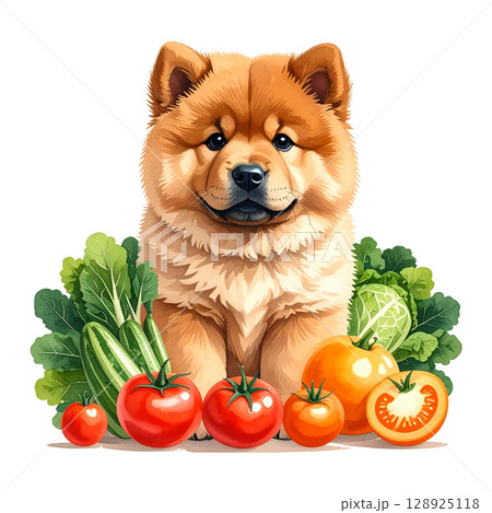 夏野菜とチャウチャウの子犬のイラスト3/チラシやポスター用素材 夏野菜とチャウチャウの子犬のイラスト3/チラシやポスター用素材 128925118