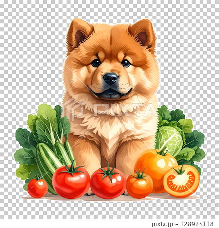夏野菜とチャウチャウの子犬のイラスト3/チラシやポスター用素材 夏野菜とチャウチャウの子犬のイラスト3/チラシやポスター用素材 128925118