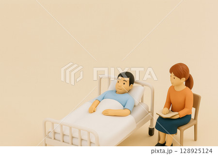 病気で働けなくなった夫と支える妻のミニチュア｜医療・制度サポートのイメージ 128925124