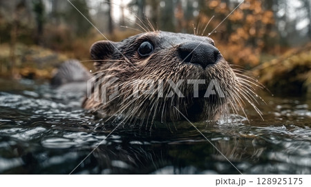 A curious wild otter with wet fur and prominent whiskers peeking from the water surface. 128925175