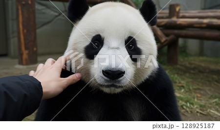 A human hand gently touches the fur of a giant panda's face, creating a sweet moment. 128925187