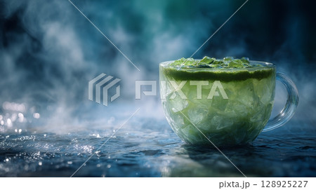 Cool, refreshing iced matcha drink in a glass mug with ice cubes. Mist and water create a captivating atmosphere. 128925227