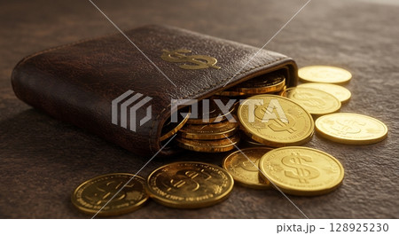 Brown leather wallet stuffed with golden dollar coins, symbolizing wealth and abundance. 128925230