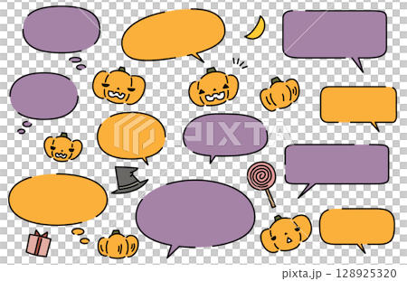 可愛的萬聖節南瓜插圖和語音泡泡套裝鬧鬼的南瓜南瓜燈 128925320