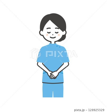 お辞儀するケーシー姿の女性イラスト 128925329