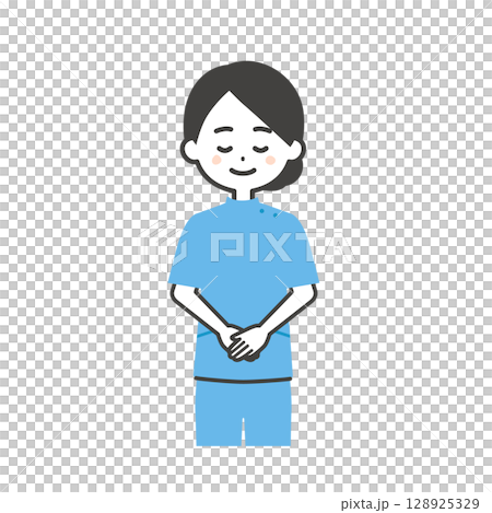 お辞儀するケーシー姿の女性イラスト 128925329