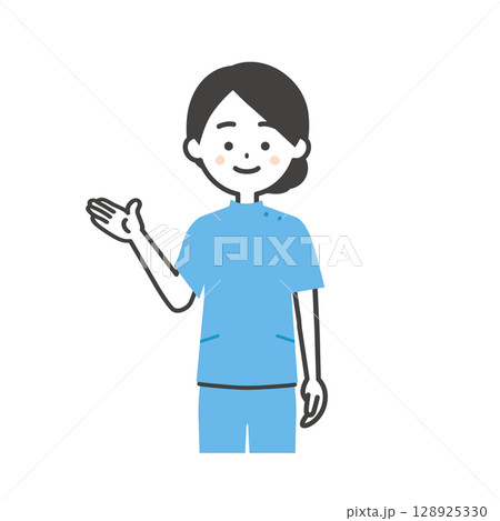 手で指すケーシー姿の女性イラスト 128925330