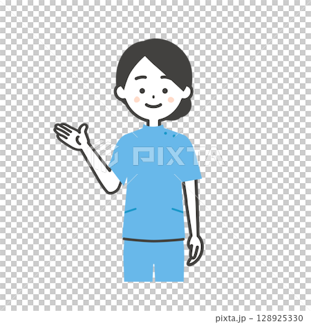 手で指すケーシー姿の女性イラスト 128925330