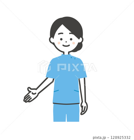 手で下のほうを指すケーシー姿の女性イラスト 128925332