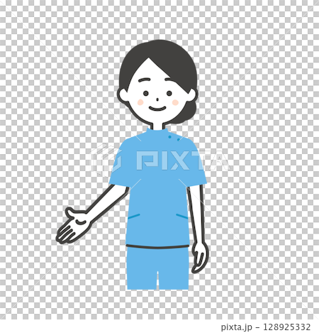 手で下のほうを指すケーシー姿の女性イラスト 128925332