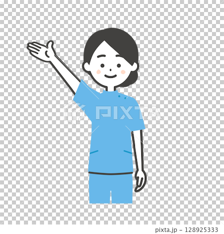 手で上のほうを指すケーシー姿の女性イラスト 128925333