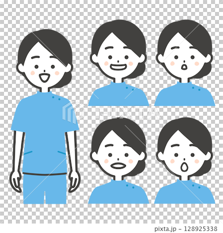 ケーシー姿の女性あいうえおの口の形イラスト 128925338