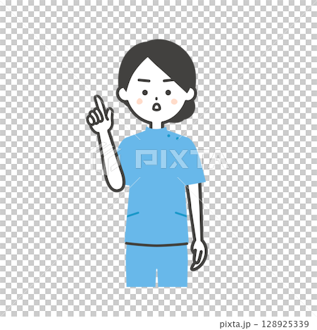 Illustration of a woman in a Casey costume pointing up with a serious look Illustration of a woman in a Casey costume pointing up with a serious look 128925339