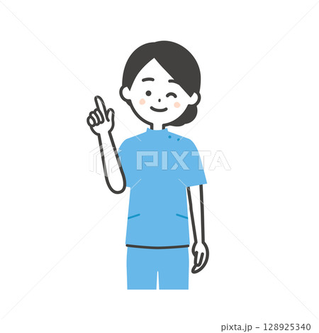 ウインクして指を立てるケーシー姿の女性イラスト 128925340