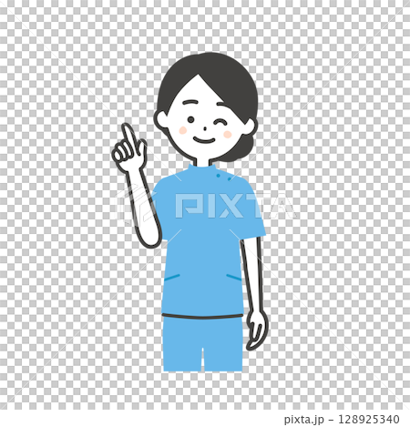 ウインクして指を立てるケーシー姿の女性イラスト 128925340