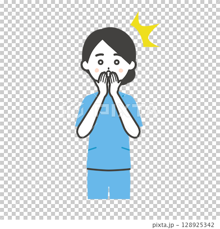 口を押えて驚くケーシー姿の女性イラスト 128925342