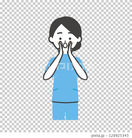 両手を口に添えて呼ぶケーシー姿の女性イラスト 128925343