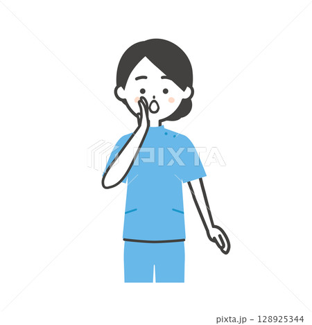 手を口に添えて呼ぶケーシー姿の女性イラスト 128925344