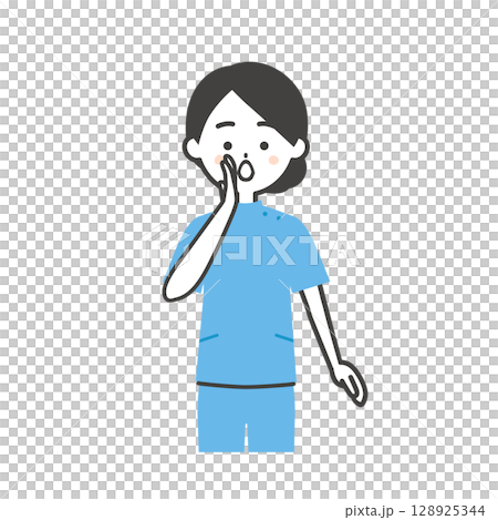 手を口に添えて呼ぶケーシー姿の女性イラスト 128925344