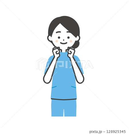 両手でガッツポーズをするケーシー姿の女性イラスト 128925345