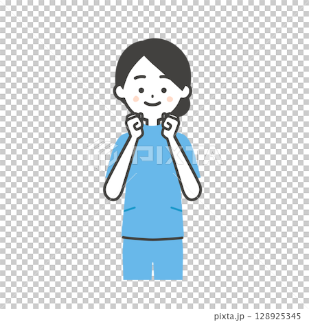 両手でガッツポーズをするケーシー姿の女性イラスト 128925345