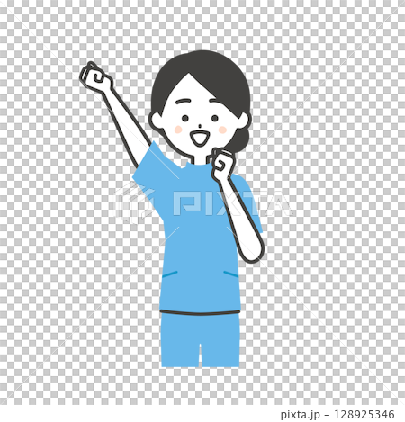 ガッツポーズをするケーシー姿の女性イラスト 128925346