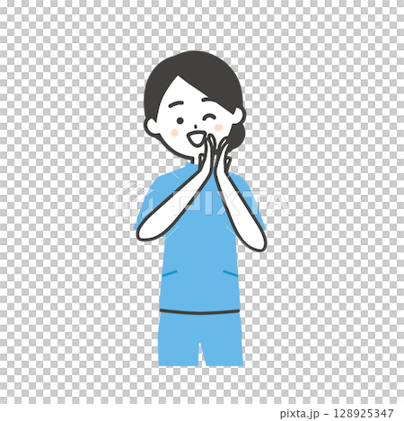 ウインクしながら拍手するケーシー姿の女性イラスト 128925347