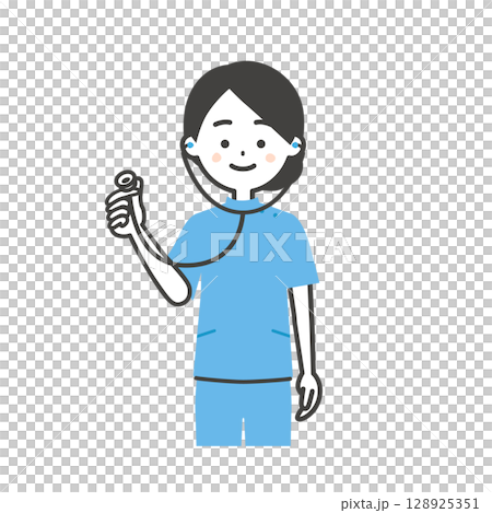 一位身穿凱西服裝、手持聽診器的女性插圖 128925351