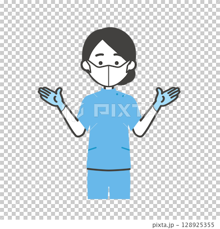 一名戴著橡膠手套和口罩的婦女的插圖 128925355