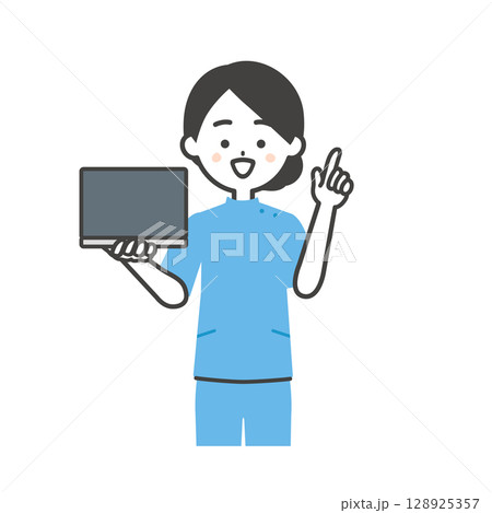 ノートパソコンを持って指を立てるケーシー姿の女性イラスト 128925357