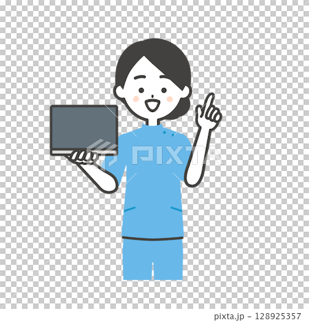 ノートパソコンを持って指を立てるケーシー姿の女性イラスト 128925357