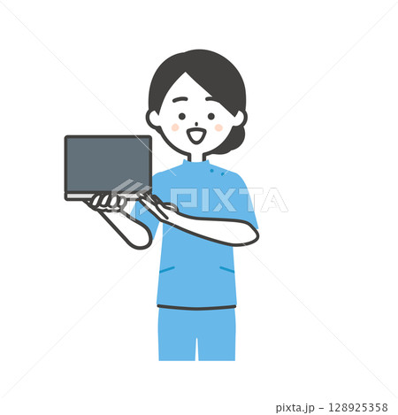 ノートパソコンを持つケーシー姿の女性イラスト 128925358
