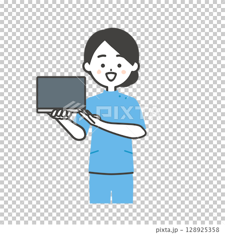 ノートパソコンを持つケーシー姿の女性イラスト 128925358