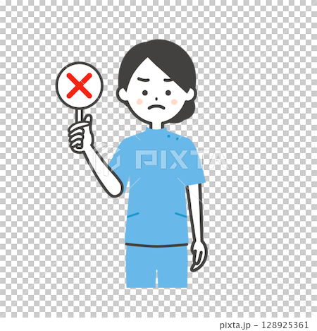 不正解の札を持つケーシー姿の女性イラスト 128925361
