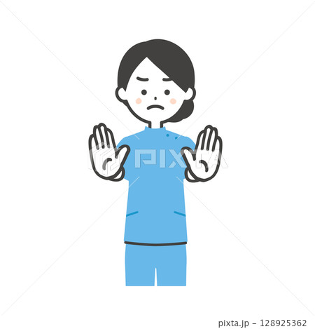 両手で停止を促すケーシー姿の女性イラスト 128925362