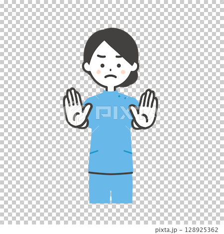 両手で停止を促すケーシー姿の女性イラスト 128925362