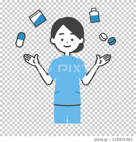 Illustration of a woman dressed as a cassie with various types of medicine Illustration of a woman dressed as a cassie with various types of medicine 128925363