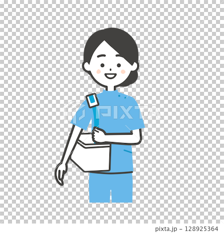 バッグを肩にかけるケーシー姿の女性イラスト 128925364