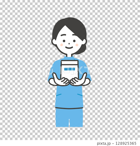 薬袋を差し出すケーシー姿の女性イラスト 128925365